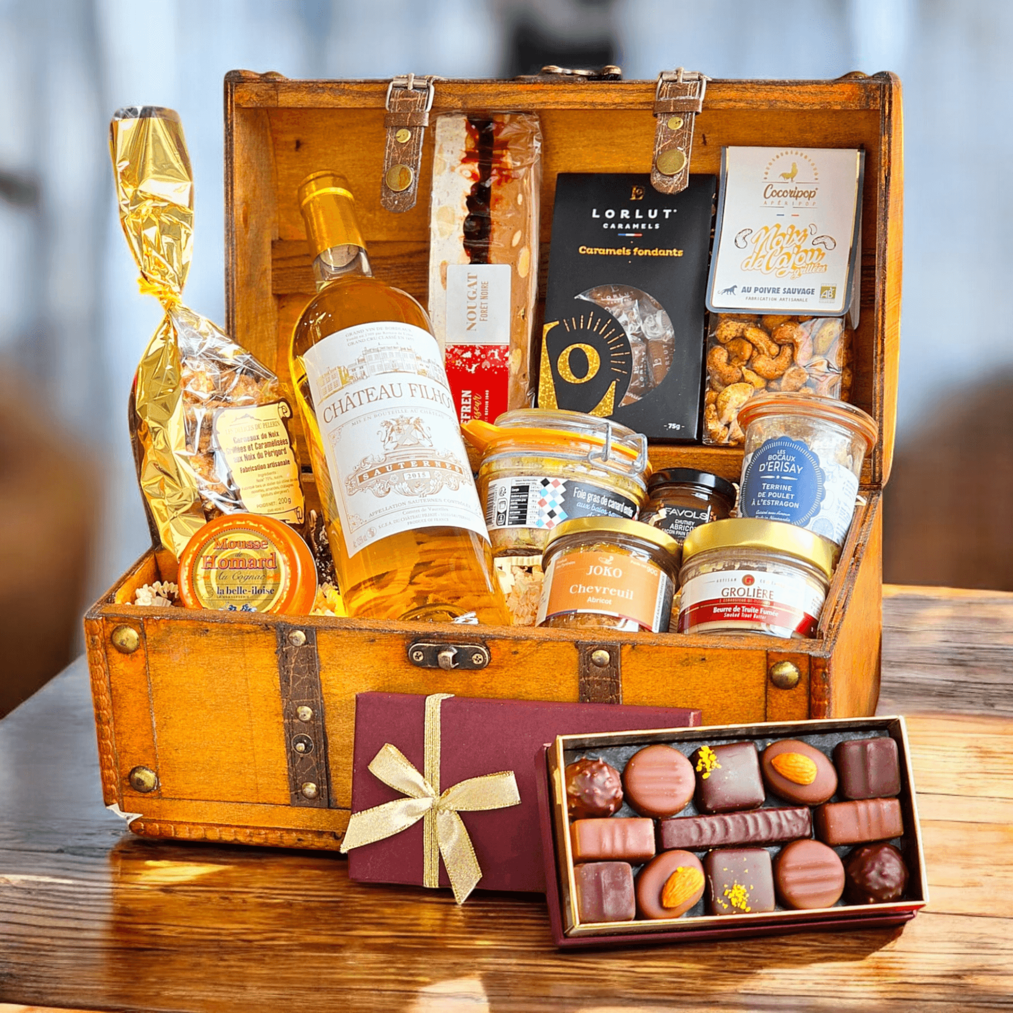 Cadeau Gourmand Luxe - Coffre en Bois - Garnd Cru - Foie Gras - Chocolat - 24/48H - C est Cela